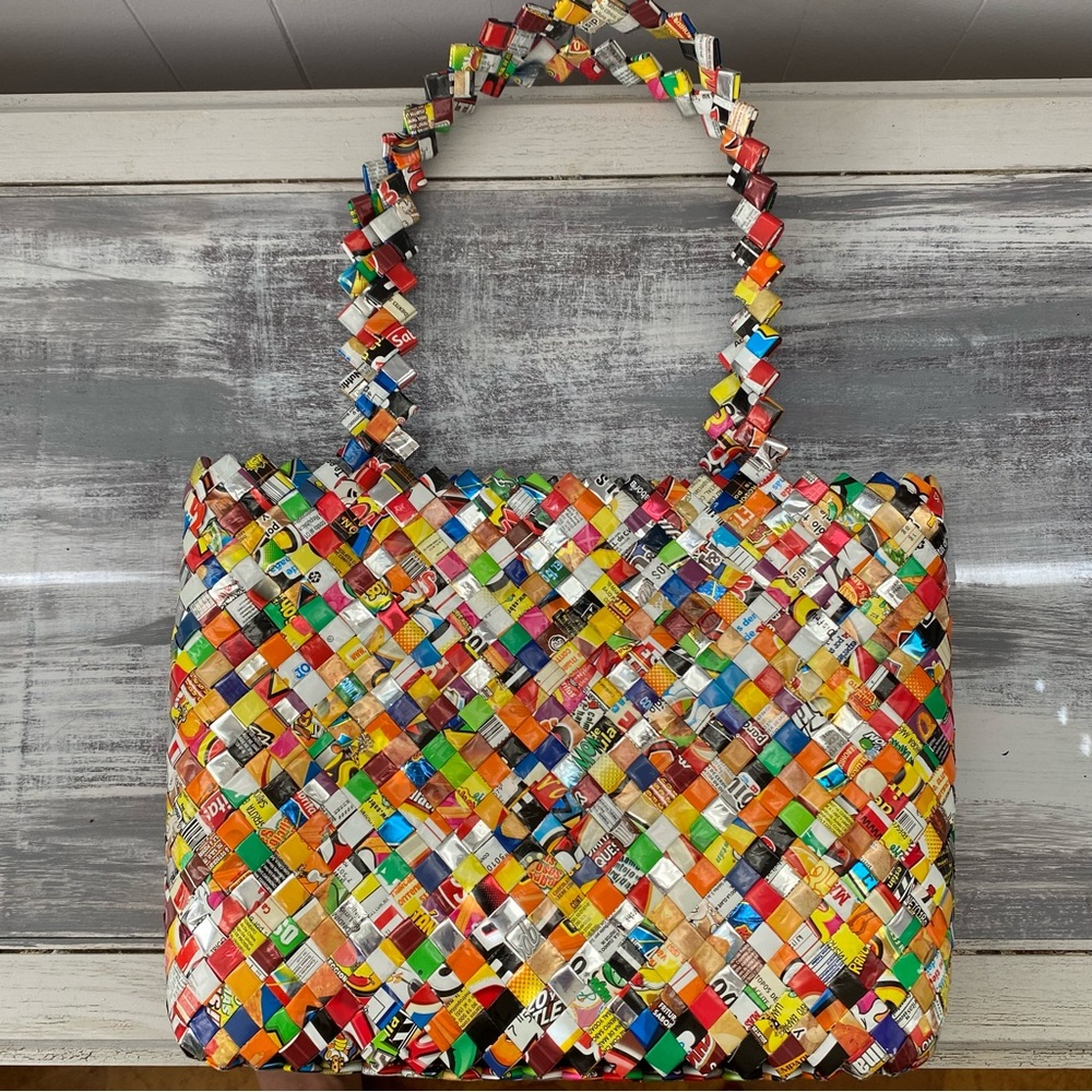 One‎ of a kind handmade upcycled  woven tote purse